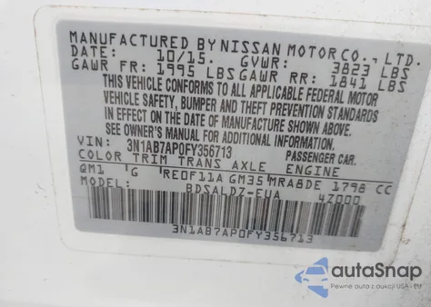2015 Nissan Sentra Sv from USA, damaged, VIN 3N1AB7AP0FY356713
